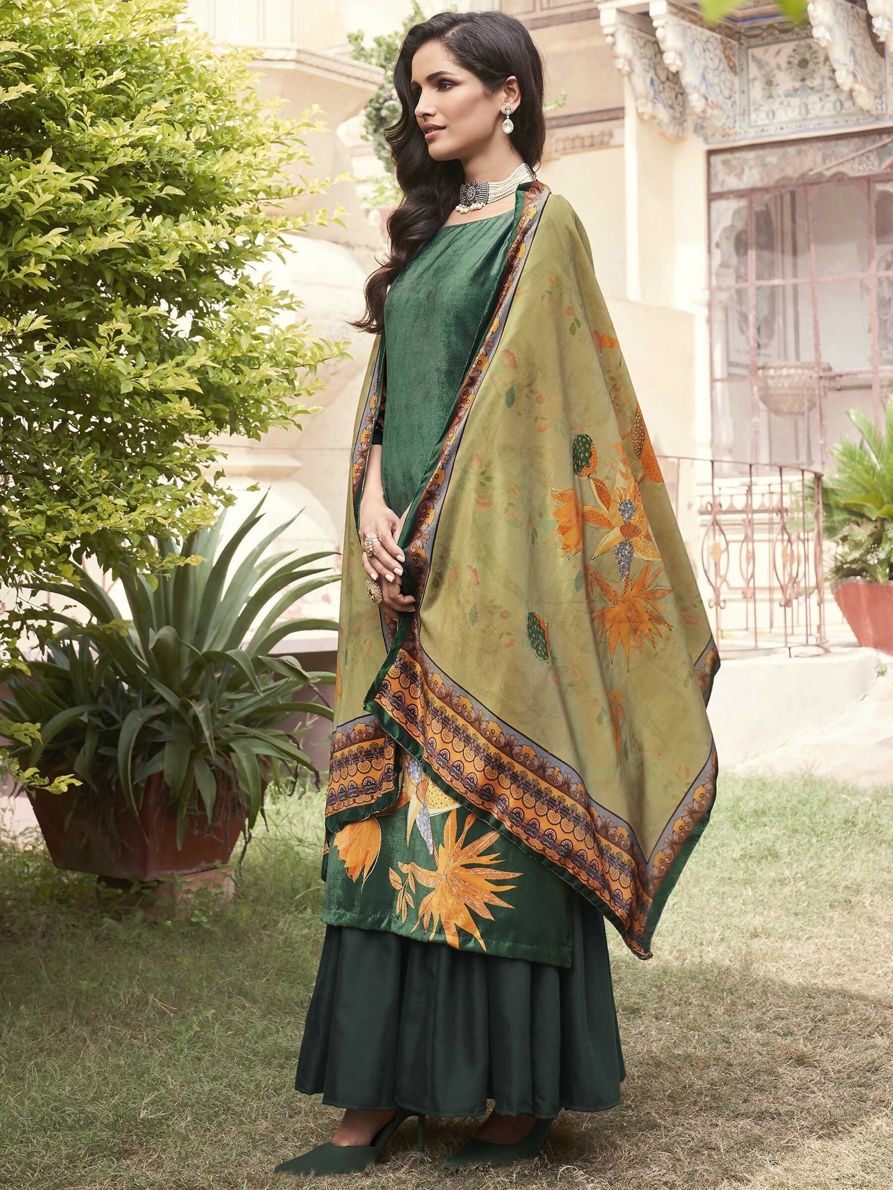Jyoti Fashion Women's Green Velvet Floral Digital Printed Kurta with Trouser & Dupatta