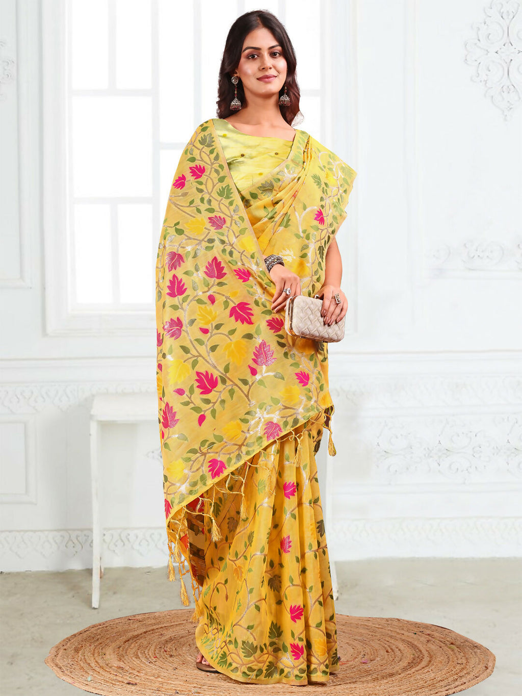 Shree Shyam Fashion Linen Cotton Yellow Saree - Distacart