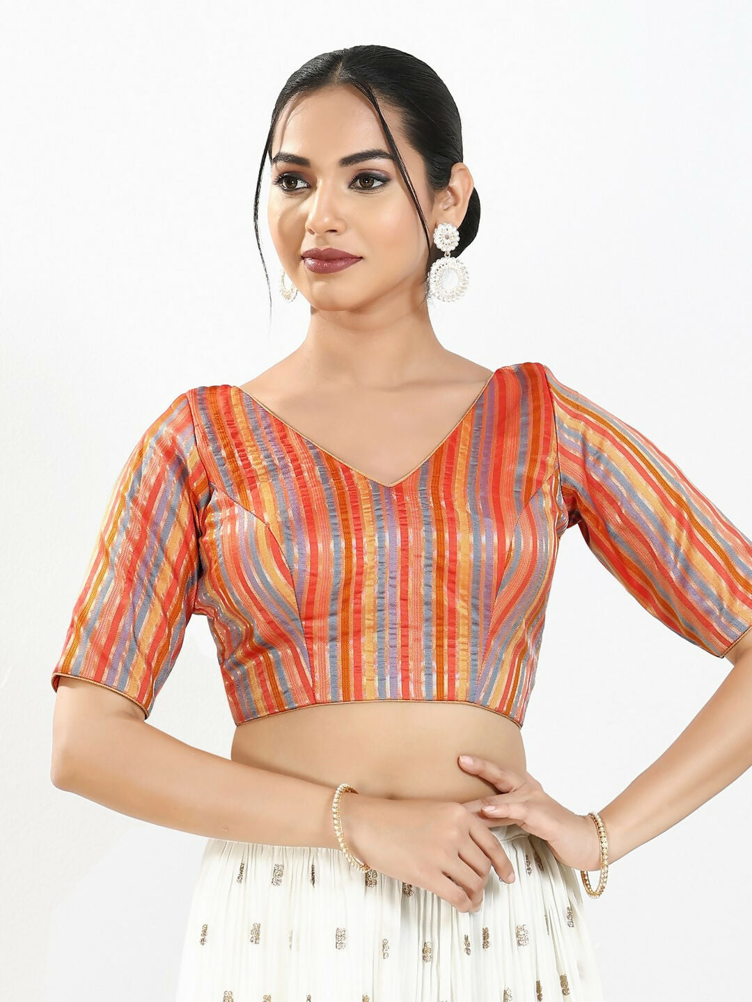 Joban Fashion Orange Multi Brocade Padded Blouse With V Neck Elbow Sleeves - Distacart