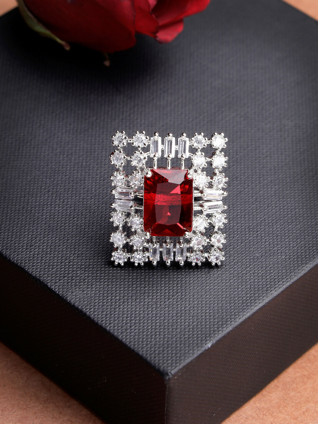 NVR Women's Red & Silver CZ-Studded Square-Shaped Adjustable Finger Ring