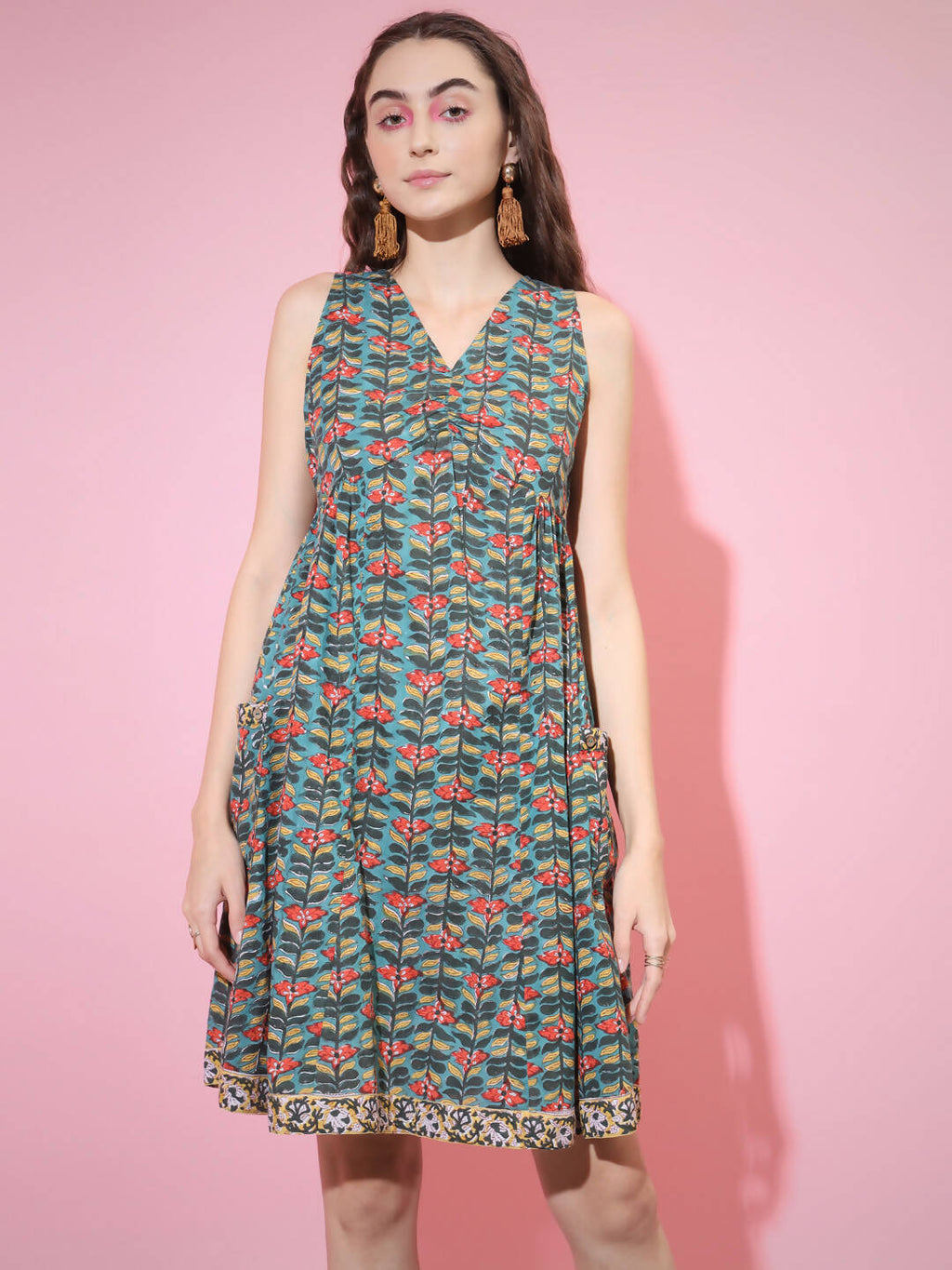Myshka Women's Green Floral Printed A-Line Dress - Distacart