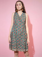 Myshka Women's Green Floral Printed A-Line Dress - Distacart
