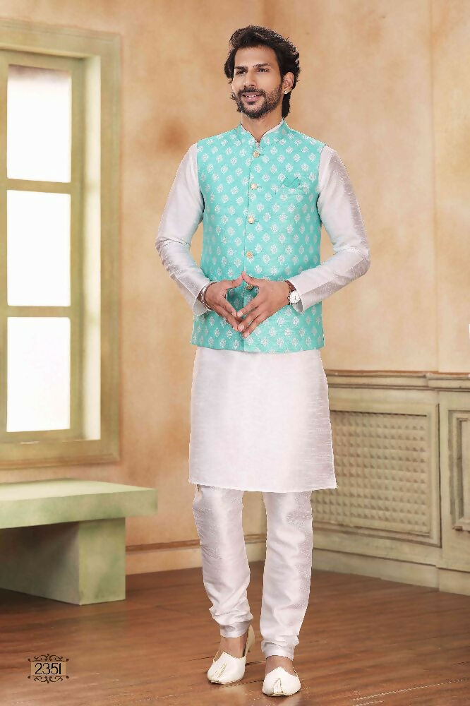 Raivat Ethnic Jacquard Banarasi Silk Woven Work 3 Pics Jacket Set In Sky Blue Colour - Distacart