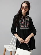 Black Rayon Yoke Embroidered A-line Top - Tarini
