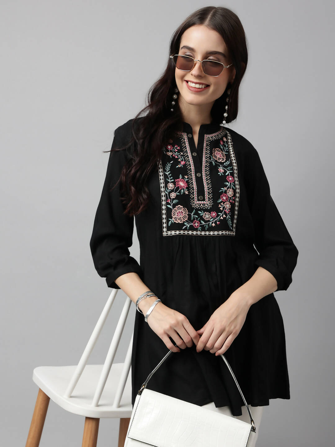 Black Rayon Yoke Embroidered A-line Top - Tarini