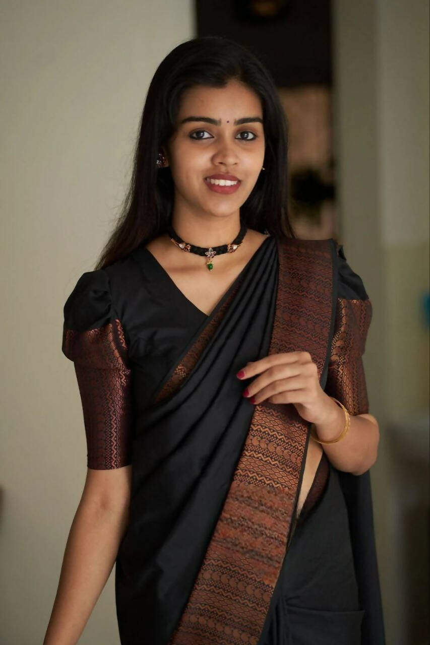 DEIANA'S Beautiful Designer Golden zari Soft Lichi Silk Saree - Black