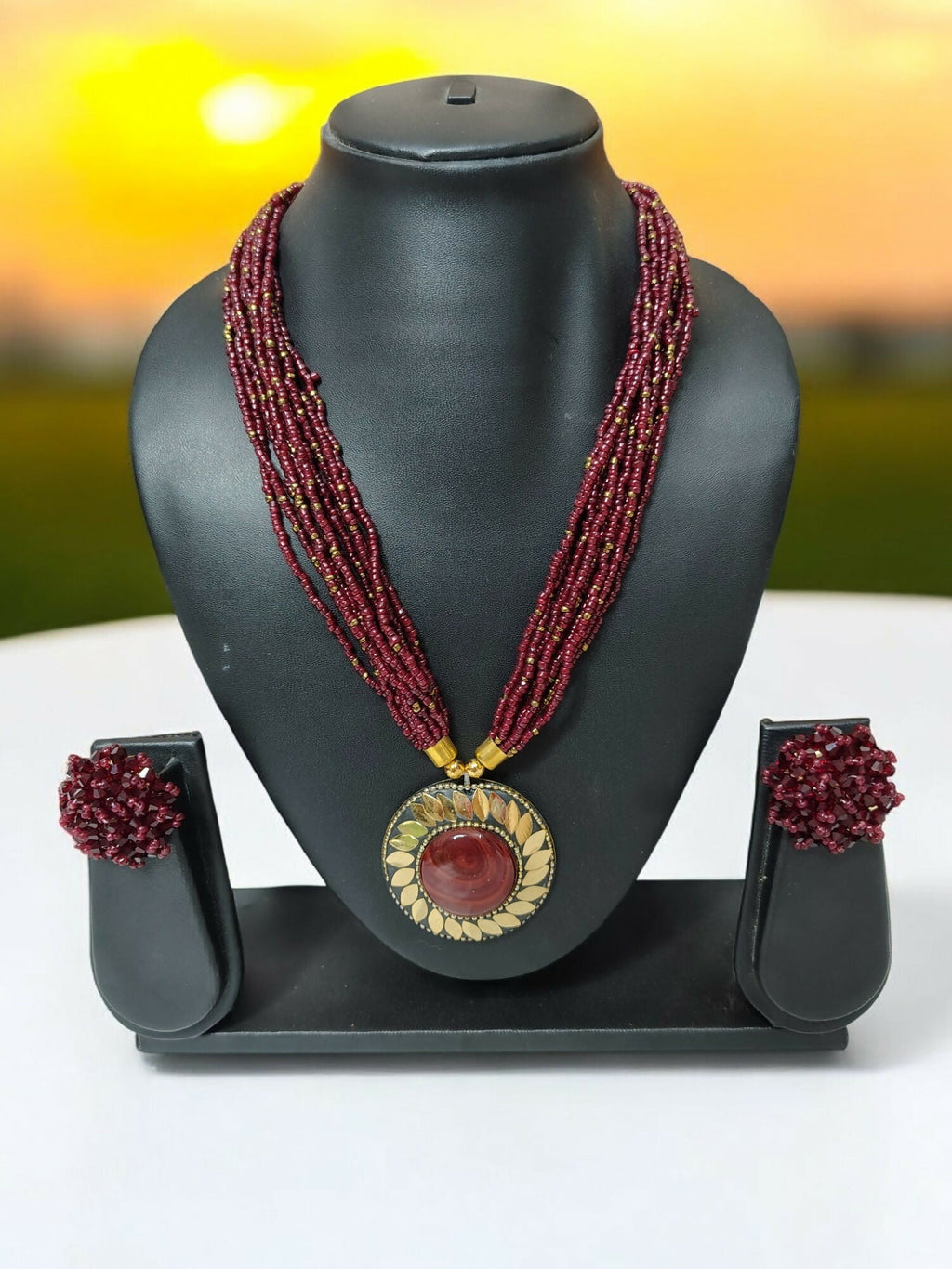 Inhanns All-Day Statement Beaded Necklace Set - Maroon