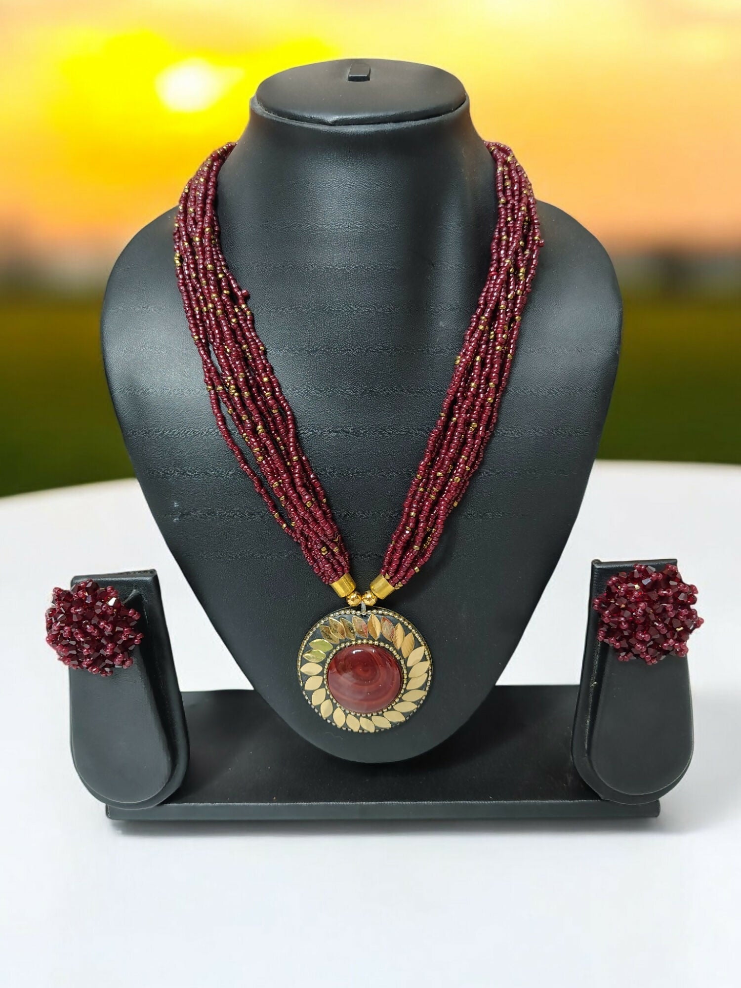 Inhanns All-Day Statement Beaded Necklace Set - Maroon