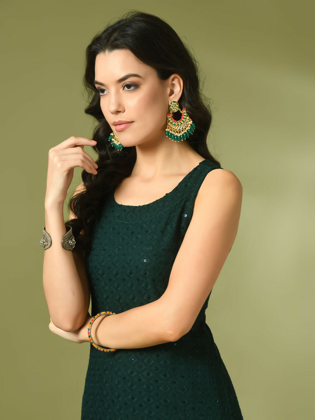 Myshka Women's Green Embroidered Cotton Straight Party Kurta Set