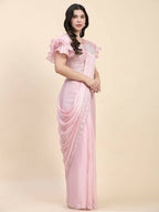 Pink Silk Satin Sequence Work Ready to Wear Saree with stitched Blouse - Nirvana