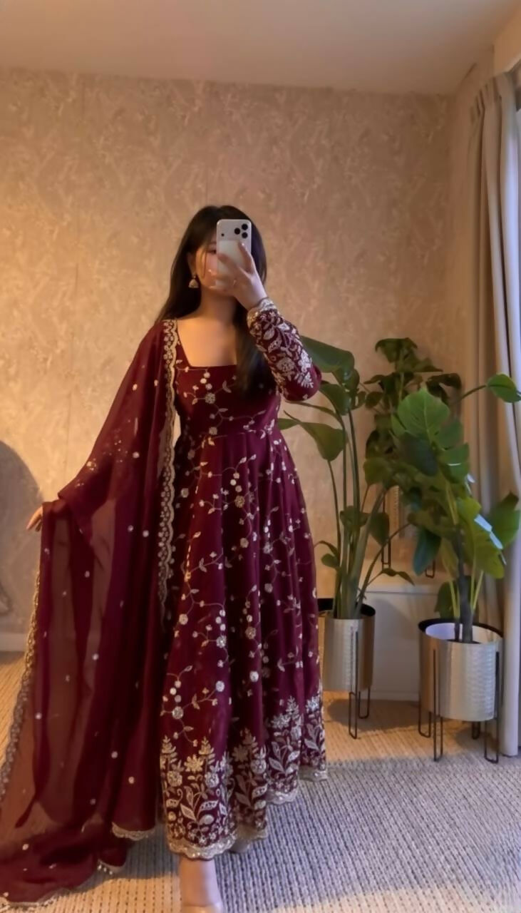 Teeya Creation Maroon Color Faux Georgette Long Party Wear Gown - Distacart