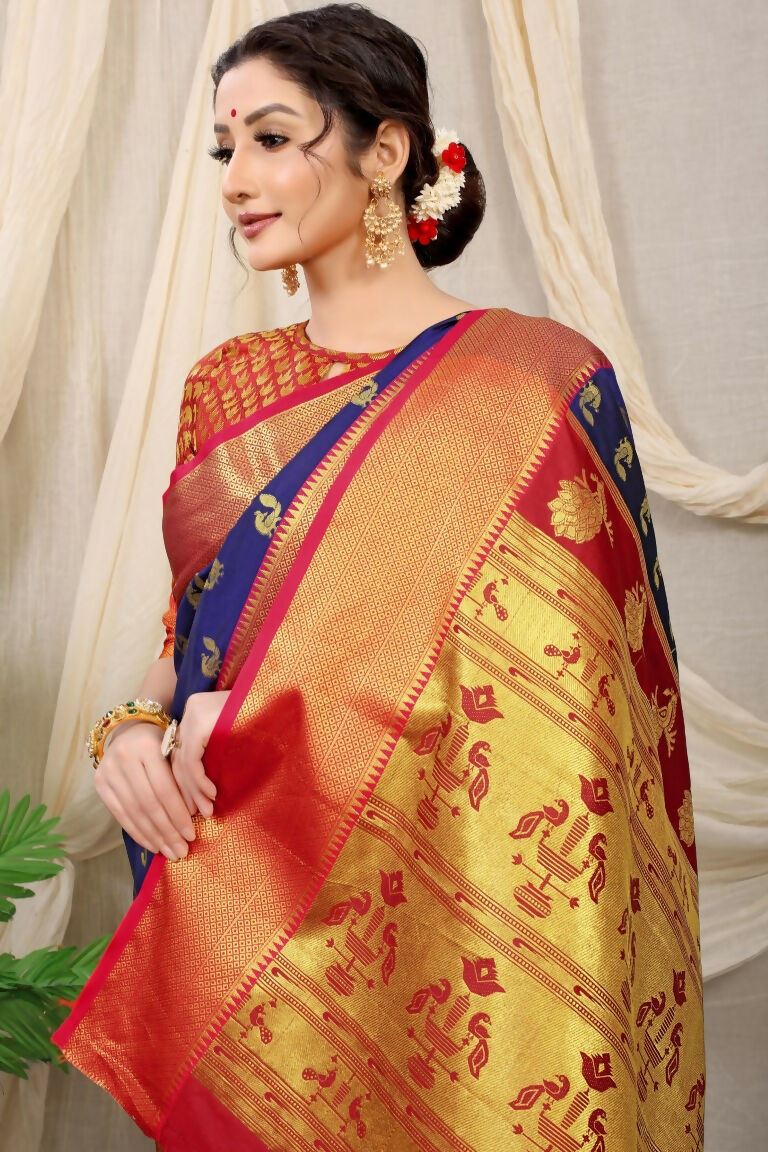 Jyoti Fashion Women's Navy Blue Banarasi Silk Zari Woven Saree with Blouse