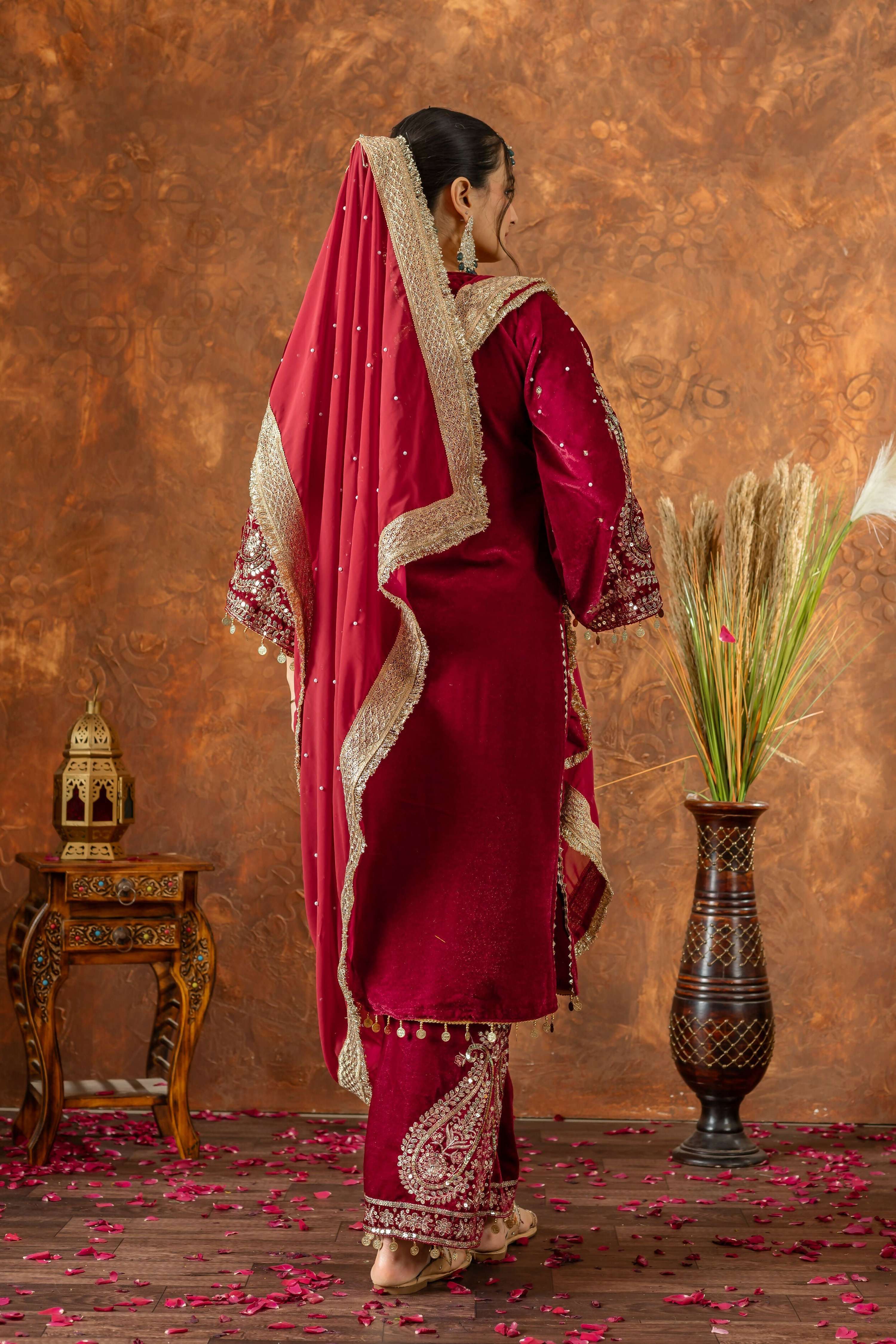 Teeya Creation Red Color Velvet Silk Embroidery Work Party Wear Suit - Distacart