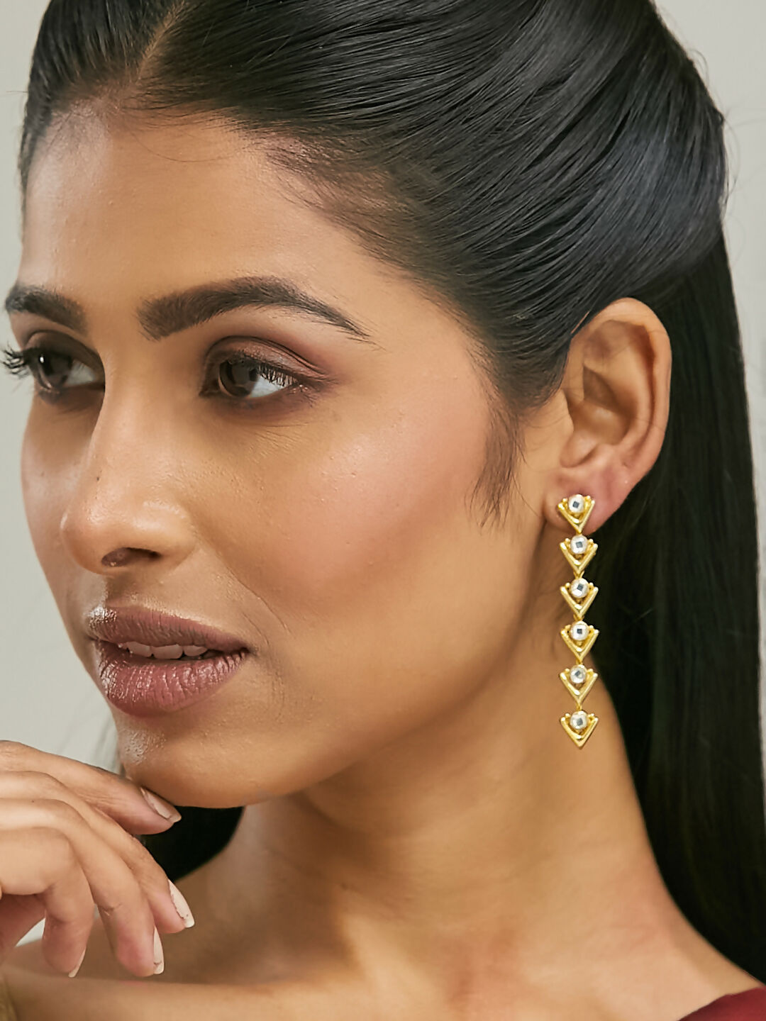 Nuyug 18K Gold-Plated Crystal Stone Studded Triangular Drop Sleek Earrings - Distacart