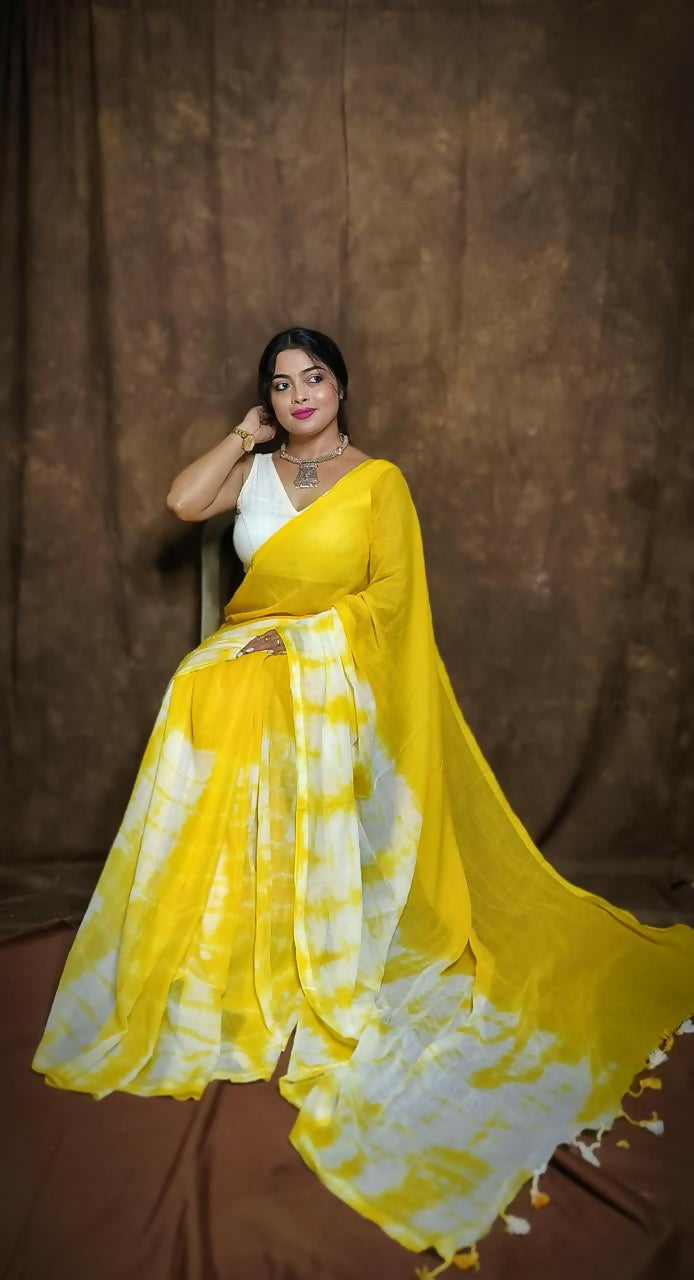 Exclusive Collection Yellow White Beautiful Super Soft Most Comfortable Pure Mul Cotton Saree - Distacart