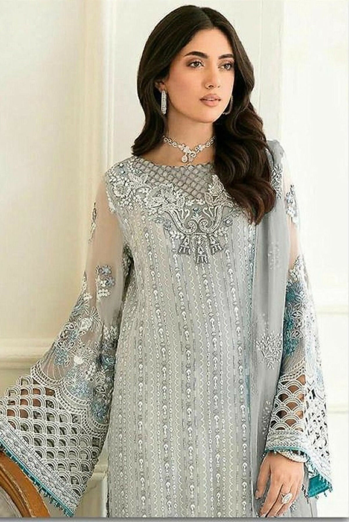 Anaita Sky Blue Fox Georgette Stitched Suit with Embroidery Sequence Work & Khatli Work - Distacart