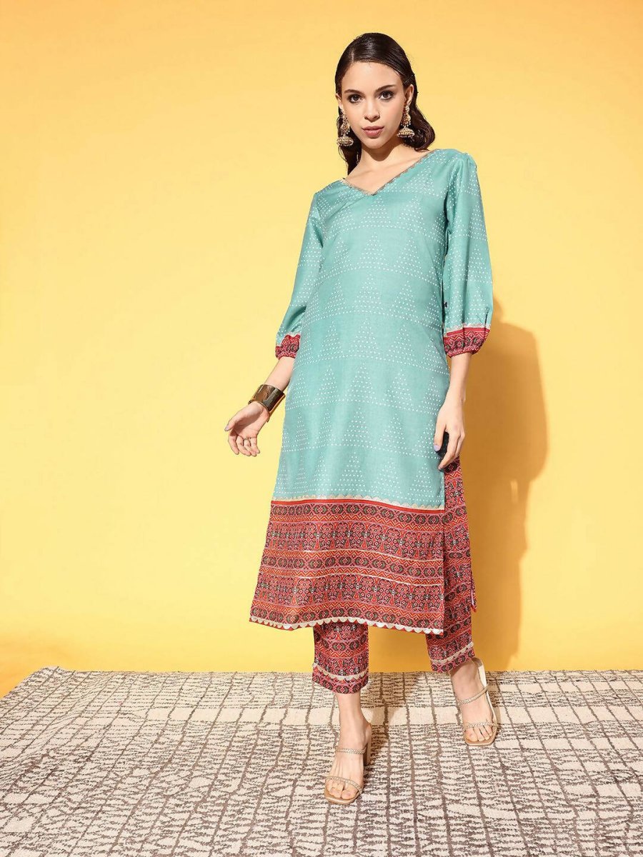 Ahalyaa Women's Teal Cotton Blend Digital Printed Kurta Pant Set - Distacart