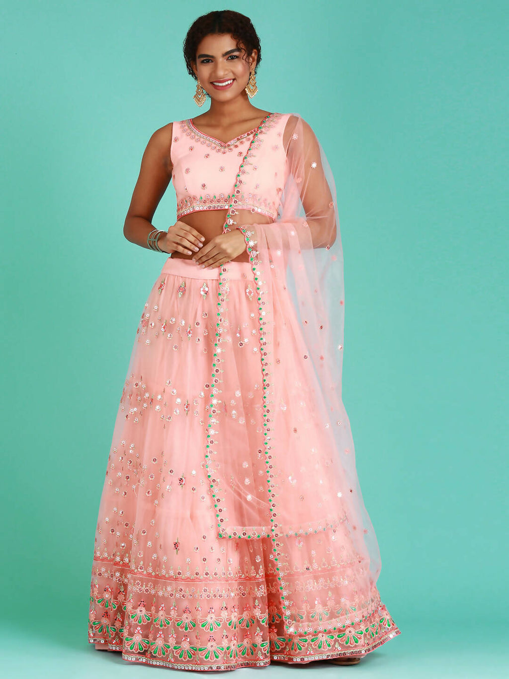 House of Panchhi Peach Net Sequinse Work Lehenga & Blouse, Dupatta