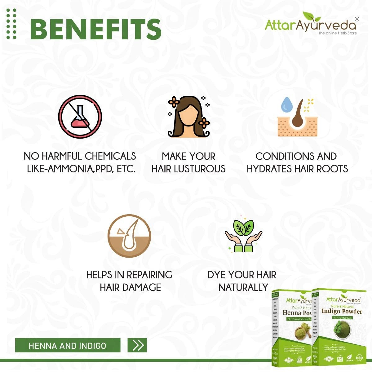 Attar Ayurveda Henna Powder, Indigo Powder Combo Pack - Distacart