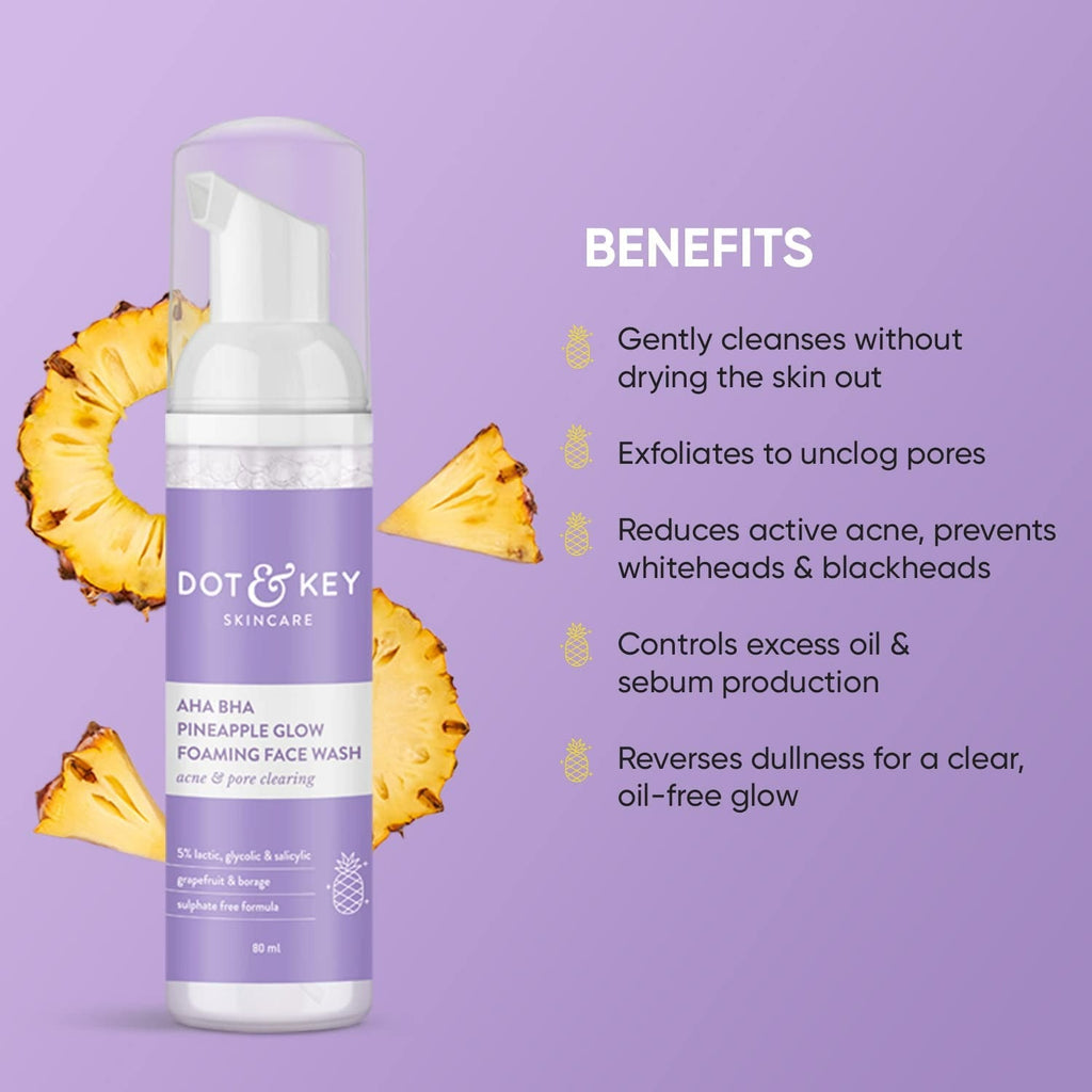 Dot & Key AHA BHA & Pineapple Glow Foaming Face Wash  For Glowing Skin, Oily, Acne Prone Skin,Sulphate Free