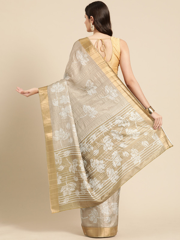 Beige Silk Blend Digital Print Floral Saree with Unstitched Blouse - Hiral Fashion