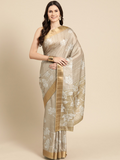Beige Silk Blend Digital Print Floral Saree with Unstitched Blouse - Hiral Fashion