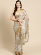 Beige Silk Blend Digital Print Floral Saree with Unstitched Blouse - Hiral Fashion