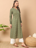 FIORRA Women's Floral Printed Green Cotton A-Line Kurta