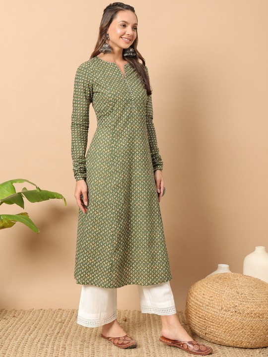 FIORRA Women's Floral Printed Green Cotton A-Line Kurta