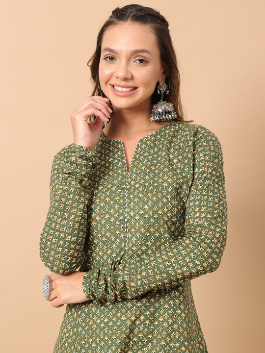 FIORRA Women's Floral Printed Green Cotton A-Line Kurta