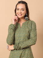 FIORRA Women's Floral Printed Green Cotton A-Line Kurta
