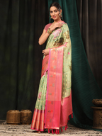 Green Art Silk Digital Print Floral Saree with Unstitched Blouse - Hiral Fashion