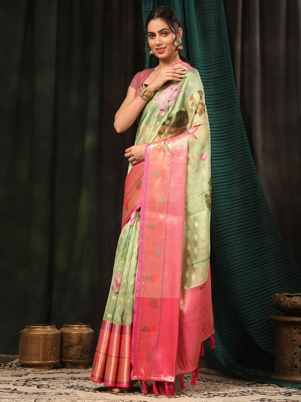 Green Art Silk Digital Print Floral Saree with Unstitched Blouse - Hiral Fashion