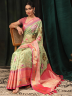 Green Art Silk Digital Print Floral Saree with Unstitched Blouse - Hiral Fashion