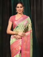 Green Art Silk Digital Print Floral Saree with Unstitched Blouse - Hiral Fashion