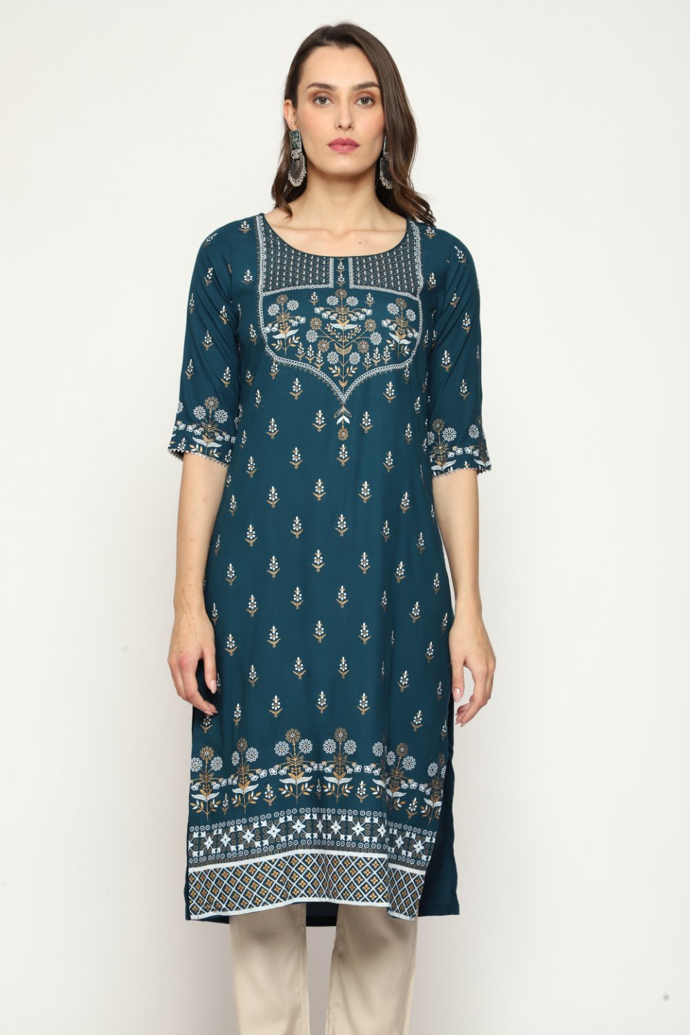 Maai Rayon Hand Printed Kurta Navy - Distacart