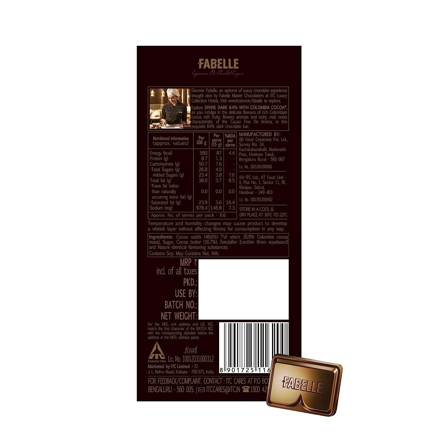 Fabelle Divine Dark 64% With Colombia Cocoa - Dark Chocolate Luxury Bar