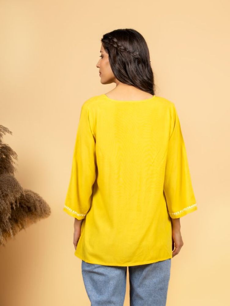 Gharana India Luxury Rayon Yellow Chikankari Top - Distacart