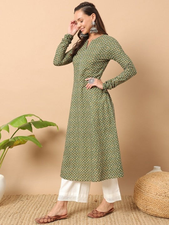 FIORRA Women's Floral Printed Green Cotton A-Line Kurta
