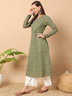 FIORRA Women's Floral Printed Green Cotton A-Line Kurta