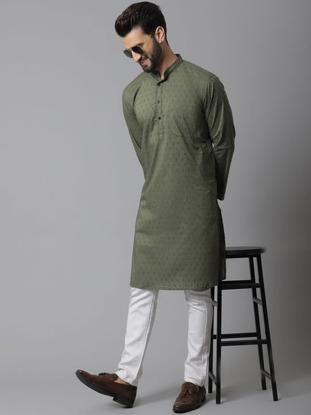Even Apparels Green Pure Cotton Kurta With Band Collar