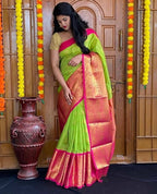 DEIANA'S Beautiful Designer Golden zari Soft Lichi Silk Saree - Parrot