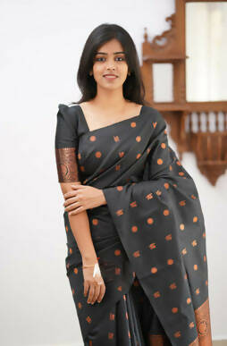 DEIANA'S Beautiful Designer Golden zari Soft Lichi Silk Saree - Black