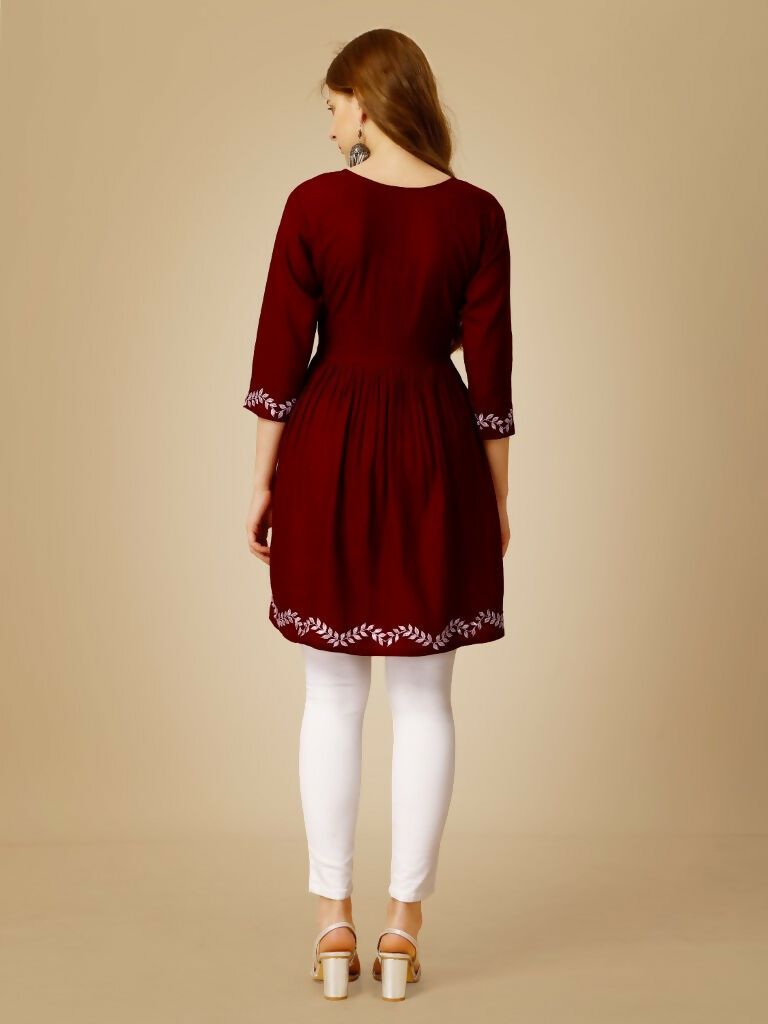Jyoti Fashion Women's Maroon Viscose Rayon Embroidered Casual Top