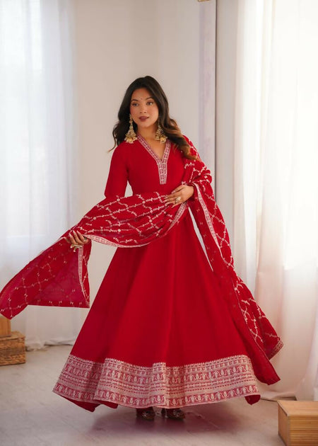 Lehenga Mart Designer Anarkali Suit With Kurta, Dupatta For Women-Red