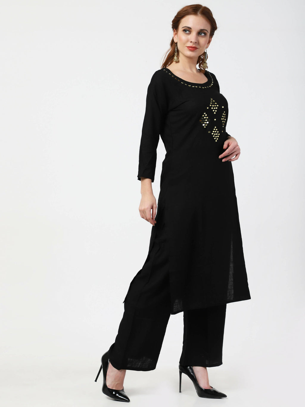 Cheera Women's Black Rayon Slub Kurta Palazzo Organza Silk Dupatta Set