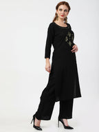 Cheera Women's Black Rayon Slub Kurta Palazzo Organza Silk Dupatta Set