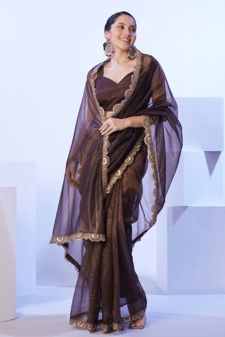 Brown C/H Net Solid Designer & Lace Work Saree - Samaa