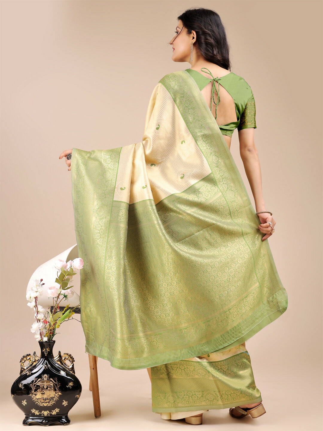 Shree Shyam Fashion Aura Silk Cream Light Green Banarasi Silk Saree