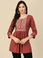 Brown Poly Rayon Floral Embroidered Top - Zeny